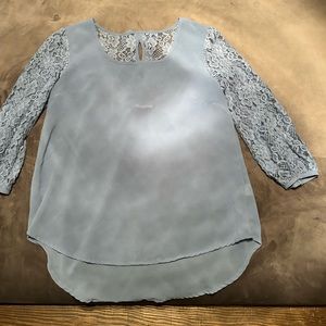 Light Blue Blouse with lace sleeves and back with bows